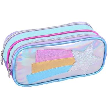 Imagem de Estojo Grande Escolar com 2 Compartimentos, Design Colorido, Zíper Reforçado, Material Resistente, P/Lápis Caneta Borracha (Roxo)