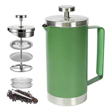 Imagem de Meelio Cafeteira francesa pequena de 600 ml, prensa francesa de aço inoxidável com isolamento de parede dupla para acampamento, inclui 2 fliters extras e 1 colher de café, verde (2-4 xícaras, 590 g)
