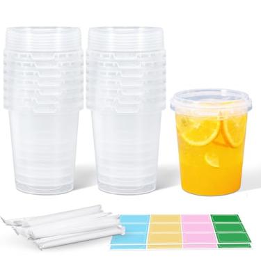 Imagem de ASEVAT Copos de plástico com tampas e canudos, balde de plástico transparente com tampa, baldes de gelo para festas, copo reutilizável de grau alimentício com tampas, recipientes de delicatessen com