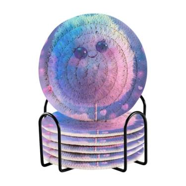 Imagem de Conjunto de 6 porta-copos redondos de algodão doce rosa azul com rack de armazenamento preto porta-copos de mesa de centro