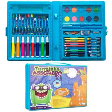 Imagem de Maleta Azul Kit Escolar Infantil 60 Peças Para Pintar Volta Às Aulas P