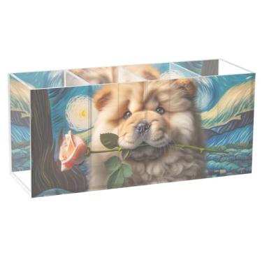 Imagem de TSENQUE Porta-lápis de mesa fofo cachorro estrelado noite chow chow copo de acrílico organizador de papelaria arte de escritório personalizado material de escritório para decoração de mesa