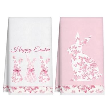Imagem de Frienda 2 peças de toalhas de cozinha florais de coelho com laço rosa páscoa 43 x 66 cm primavera fazenda decoração de férias toalhas de mão decoração de toalhas de mão