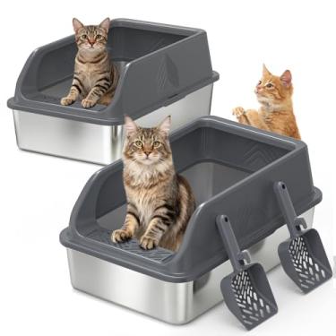 Imagem de Pacote com 2 caixas de areia de aço inoxidável com tampa, caixas de areia de metal GG para gatos de alta face fechada para gatos grandes e vários gatos, antivazamento de urina | Fundo antiaderente e
