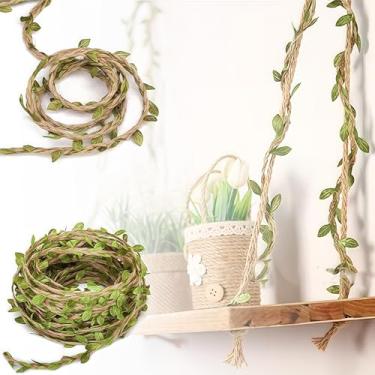 Imagem de Vinha de corda artificial trançada grossa com folhas verdes 1 m decoração de selva flexível para festas, artesanato, embrulho de presente, estilo de quarto, verde
