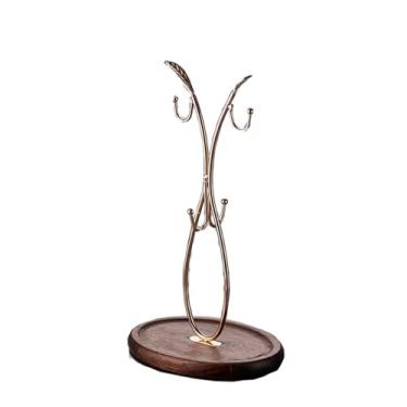 Imagem de LNQKJXIIA Boutiques US Suporte de árvore de madeira de ferro com 4 ganchos, suporte de copo de bancada com base antiderrapante, suporte de armazenamento feito à mão para copos, bules de chá (ouro)