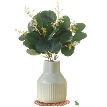 Imagem de MiaTen Hastes artificiais de eucalipto em vaso de cerâmica, 10 peças, plantas falsas, folhas de eucalipto para decoração de mesa de centro de mesa, decoração de sala de casa, escritório, mesa