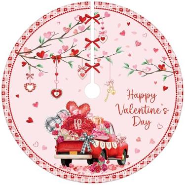 Imagem de Feliz Dia dos Namorados Saia para árvore 91 cm Love Car Heart Tree Mat Topper vermelho rosa buffalo, xadrez, romântico, decoração de árvore dos namorados para decoração de festas de fim de ano