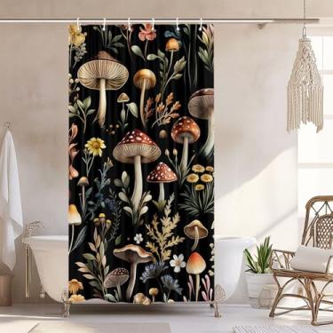 Imagem de Cortina de chuveiro vintage de cogumelo, Witchy Aesthetic Black Boho Floral Retro Botanical Conjunto de cortina de chuveiro botânica, plantas silvestres escuras, decoração de fazenda, acessórios de
