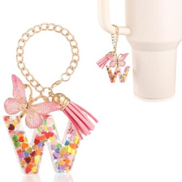 Imagem de Acessórios de copo com pingente de letra, decoração de copo de alfabeto fofo com alça de caneca, pingentes de decoração com borboleta, para Stanley Tumblers, mulheres, meninas, presente (W)