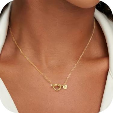 Imagem de Colar feminino banhado a ouro 14K delicado com pingente de letra A a Z, joia de aniversário para filha, namorada, mãe, irmã, amiga, joia moderna, 16+2.5", Latão, Sem Pedra Preciosa