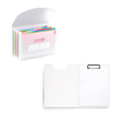 Imagem de Kit Pasta Sanfonada A4 13 Divisórias + Prancheta A4, Pasta Organizadora de Arquivos Durável, Portátil e Compacta para Escritório, Escola e Uso Pessoal (Preto ou Branco) (Branco)