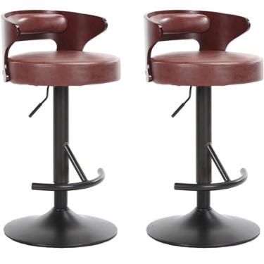 Imagem de WYNSJDBB Conjunto de 2 banquetas ergonômicas para cadeira de bar, banco de bar com altura ajustável, banco giratório de couro com encosto, apoio para os pés (BROWN-)
