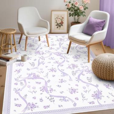 Imagem de GarveeHome Tapetes de laço roxo para quarto de meninas, tapete lavável 7,5 x 12,7 cm para entrada com pelo baixo macio, tapete floral lavável lavanda para sala de estar, berçário, sala de jogos