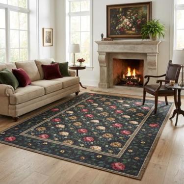 Imagem de GarveeHome Tapete de área 12 x 18 cm, lavável, cinza escuro, boêmio, floral, vintage, antiderrapante, resistente a manchas, estampa botânica, tapete macio para quarto, sala de jantar, berçário