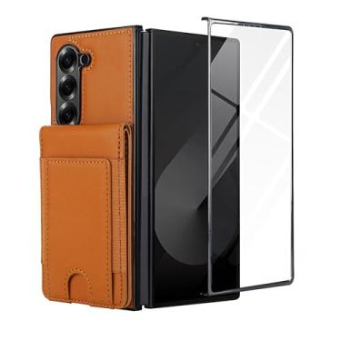 Imagem de Capa carteira para Samsung Galaxy Z Fold 5, com couro PU premium e compartimentos para cartão, suporte embutido, capa protetora de telefone 360° para uso diário, inclui protetor de tela de vidro 9H