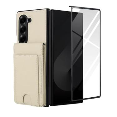 Imagem de Capa carteira para Samsung Galaxy Z Fold 7, com couro PU premium e compartimentos para cartão, suporte embutido, capa protetora de 360° para uso diário, inclui protetor de tela de vidro 9H (branca)