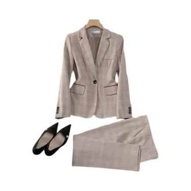 Imagem de Conjunto De Calça E Blazer Feminino Estilo Britânico Em Xadrez Damasco