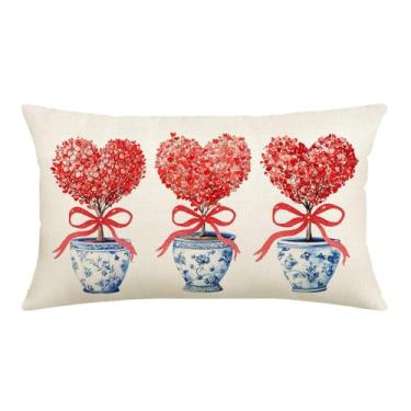 Imagem de AOFANGGO Capa de almofada de dia dos namorados 30,5 x 50,8 cm chinoiserie azul floral vaso amor coração árvore decoração romântica férias fazenda fronha presentes decoração para sofá de casa sofá