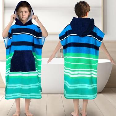 Imagem de Toalha de poncho de surfe para adolescentes e crianças grandes (8 a 14 anos, 91 x 66 cm) | Roupão com capuz superabsorvente 100% algodão com bolso para meninos | Saída de banho para piscina, praia