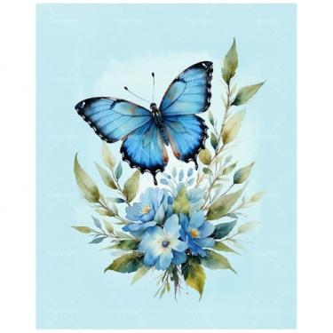 Imagem de Kit de pintura natural por números para adultos - Borboleta azul faça você mesmo com pintura de buquê floral em tela, conjunto de tinta acrílica para iniciantes, arte botânica para decoração de casa