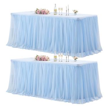 Imagem de Wish Care Pacote com 2 toalhas de mesa de tule azul bebê para mesas retangulares de 2,4 m, sem rugas, elástico, 2,4 m, saia tutu com babados, toalha de mesa para aniversário, chá de bebê, festa