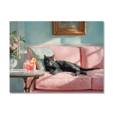 Imagem de Gato preto com Martini impressão de arte fofo gato peculiar coquetel bar decoração moderna casa cozinha arte de parede pintura em tela pôster estética (SKU2,16x24") = (40 x 60 cm), sem moldura)