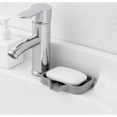 Imagem de Suporte de sabão de silicone autodrenante bandeja de pia de banheiro sem perfuração Rack de sabão de plástico antiderrapante (cinza)