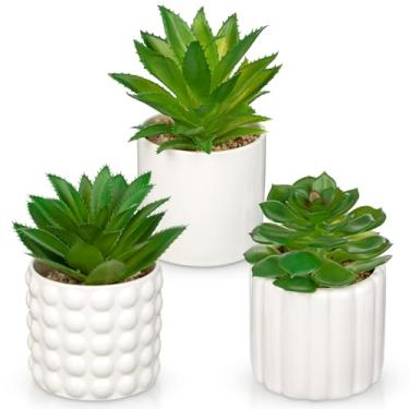 Imagem de Briful Plantas suculentas artificiais em vasos de cerâmica branca (conjunto de 3), pequenas plantas falsas para decoração de mesa de escritório em casa – Mini vaso de suculentas modernas para banheiro