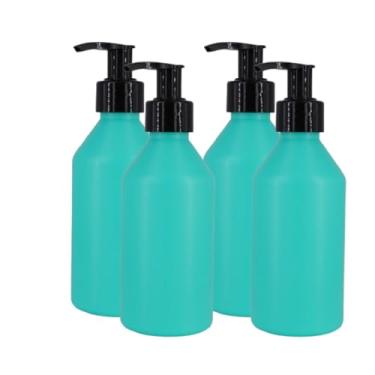 Imagem de MOXMAR Pacote com 4 frascos de PEAD com bomba de creme + 2 funis e etiquetas - Frascos dispensadores de plástico recarregáveis para loção e cuidados pessoais, Garrafa verde + bomba preta, 8.5 fl oz.