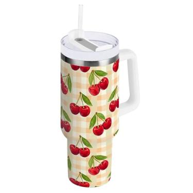 Imagem de SEHANY Copo de cereja fofo de 850 g com alça, copo isolado a vácuo de aço inoxidável de parede dupla, caneca de café à prova de vazamento, copo de viagem isolado cabe no suporte de copo de carro