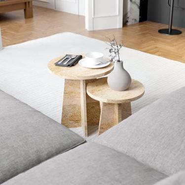 Imagem de Conjunto de mesa de centro redonda Travertine Efect com 2 mesas de centro modernas pequenas mesas laterais para sala de estar