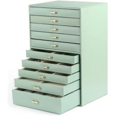 Imagem de Caixa organizadora de joias extragrande de 10 camadas com gaveta - Estojo de joias de couro sintético para anéis, colares e brincos - Solução de armazenamento elegante para mulheres