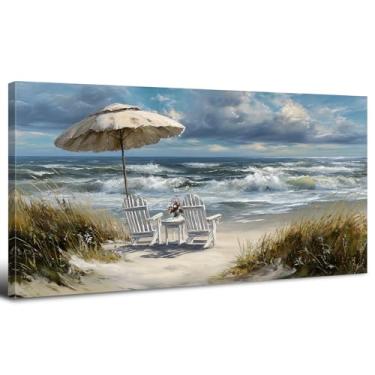 Imagem de Arte de parede de praia decoração de parede costeira oceano paisagem marítima cadeira de praia imagens de paisagem litorânea vintage relaxante pintura costeira arte para sala de estar banheiro