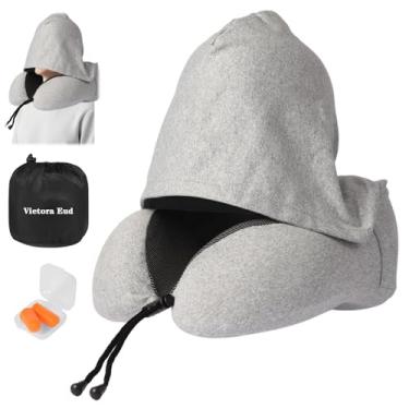 Imagem de Travesseiro de pescoço para viagem com capuz 100% bloqueador de luz – Almofada ergonômica com suporte de espuma viscoelástica para avião, voos longos, viagens rodoviárias, escritório e carro, suporte