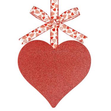 Imagem de Guirlanda de madeira para porta do dia dos namorados para placa de porta da frente, placa de parede de coração com glitter, decoração de dia dos namorados, placa de boas-vindas, artesanato para