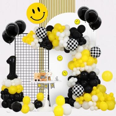 Imagem de Kit de arco de balão preto branco amarelo com faixa para decoração de festa de aniversário de meninos, um cara feliz para suprimentos de festa de chá de bebê, decoração de festa com tema de abelha