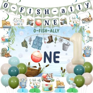 Imagem de Sursurprise Decorações de 1º aniversário de pesca, O Fish Ally One Backdrop Banner Topper de bolo redemoinhos pendurados centros de mesa de favo de mel balões para pesca perdida suprimentos de festa
