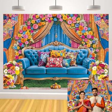 Imagem de Pano de fundo de casamento indiano flores de calêndula indiana Hindu Diwali fundo de sessão de fotos floral para chá de panela decoração de festa banner adereços de cabine (208,3 x 149,9 cm)