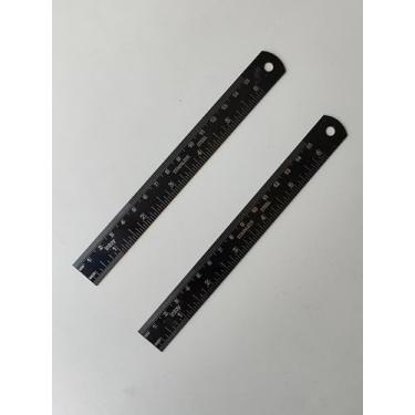 Imagem de Régua de metal de 15 cm, preto, aço inoxidável, pacote com 2, medidas gravadas a laser, escala zero na borda, desenho de precisão e geometria matemática