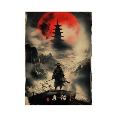 Imagem de Pintura Em Tela De Guerreiro Samurai Da Lua Vermelha, Paisagem Japones