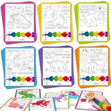 Imagem de Valentines Day Cards for Kids School – 24 Pack Dinosaur Classroom Coloring Exchange Cards with Stacking Crayons, Non-Candy Valentines Gifts for Boys & Girls, School Party Favors Class Supplies