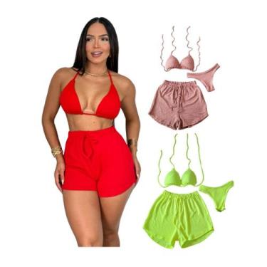 Imagem de Kit 3 Biquíni Com Short Malha Canelada Brilhante Premium - Praia - mod