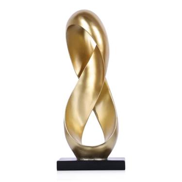 Imagem de XIYOUQI Estátua grande de decoração de nó dourado de 37 cm de altura, escultura de mesa geométrica de resina para mesa de centro, decoração de estátua dourada para prateleiras, cornija, objeto