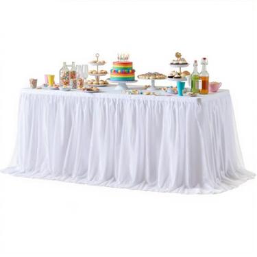 Imagem de Saia de mesa de tule branca para mesas retangulares ou mesas redondas, saia de mesa tutu de 2,5 m para festa de aniversário, chá de bebê, toalha de mesa com babados para decoração de princesa