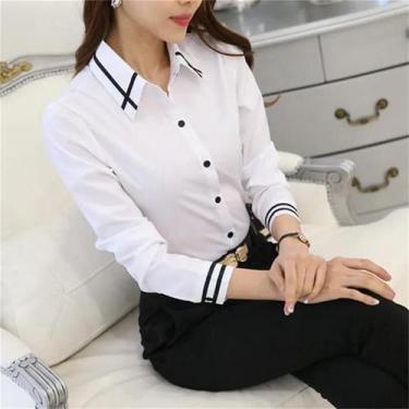 Imagem de Camisa Feminina Branca De Manga Longa Moda Coreana Blusa Básica Para E