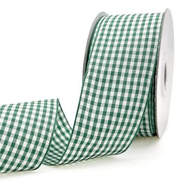 Imagem de PQZKLDP Fita guingão de 3 cm - Rolo de fita de poliéster xadrez verde DK, 20 metros para embrulho de presente, artesanato, buquês florais, grinaldas e decoração de festa em casa