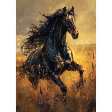 Imagem de Jigsaw Puzzle 1000 Pieces for Adults Black Horse Galloping in Golden Field Sunset Landscape Equestrian Art with Flowing Mane Wall Decor for Living Room 27.5x19.7 Inch