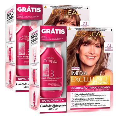 Imagem de Tintura Imédia Excellence L`oréal Louro Acinzentado 7.1 Ganhe Condicionador Cuidado Milagroso da Cor  Kit com duas unidades