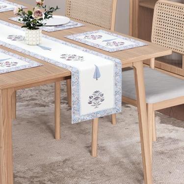 Imagem de Conjunto de jogo americano e corredor de mesa índigo Parterre – 6 jogos americanos + 1 corredor – impressão de bloco feito à mão, 100% algodão, linho de mesa de jantar e cozinha | Coleção de palmeiras